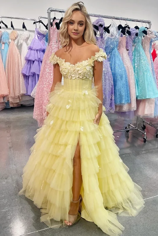 Referral Discount Yellow 3D Floral Lace Off-the-Shoulder Ruffle Tiered Prom Gown